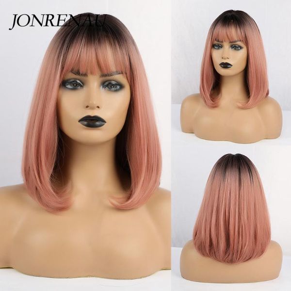 

jonrenau short straight bob wigs with bangs synthetic ombre black to milk color wigs for black/white women