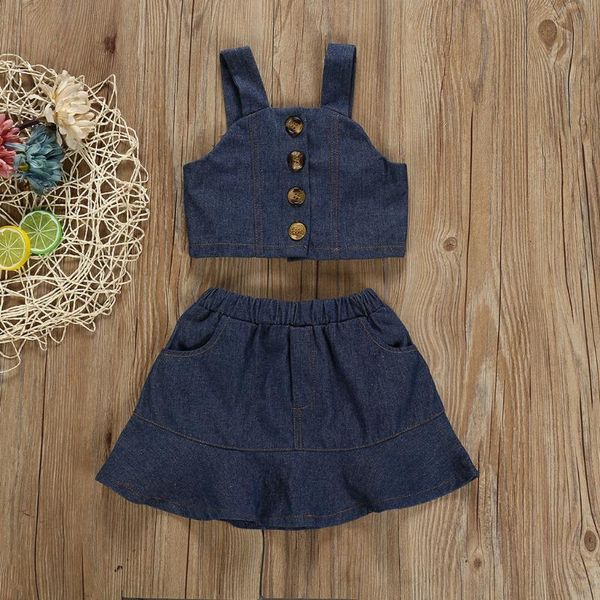 

toddler baby kids girls sleeveless solid strap vest denim skirt casual set children's sets summer clothing ropa niña, White