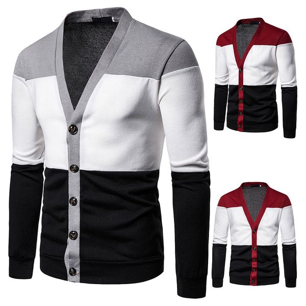

2019 men's deep v neck patchwork knitted sweater autumn casual daily buttons slim cardigan male fashion pullover outwears, White;black