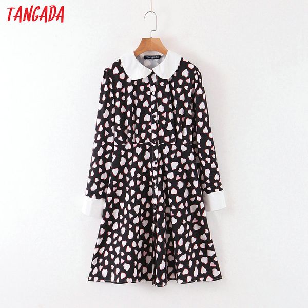 

tangada fashion women heart print dress peter pan collar long sleeve ladies work mini dress vestidos qb125, Black;gray