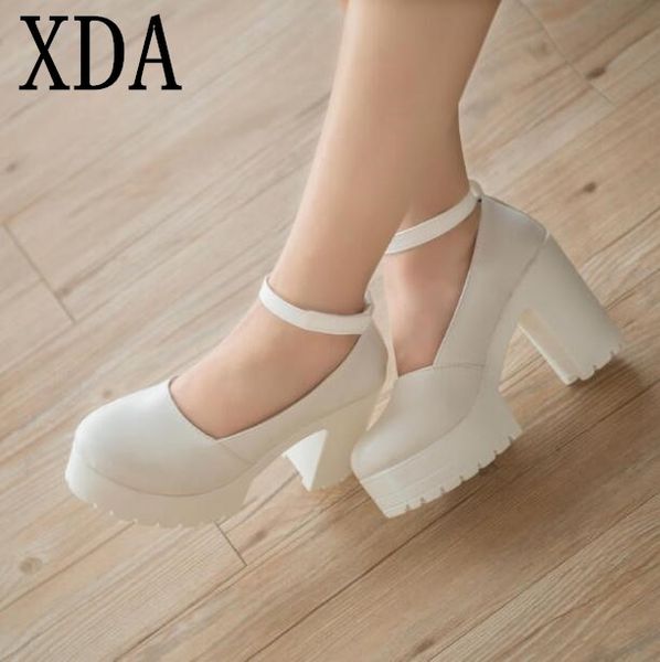 

xda 2019 fashion new white wedges shoes platform pumps women high heels round head high heels buckles thick heel shoes, Black