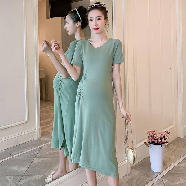 

622# summer korean fashion thin meryl knitted maternity dress bodycon slim elegant clothes for pregnant women pregnancy, White