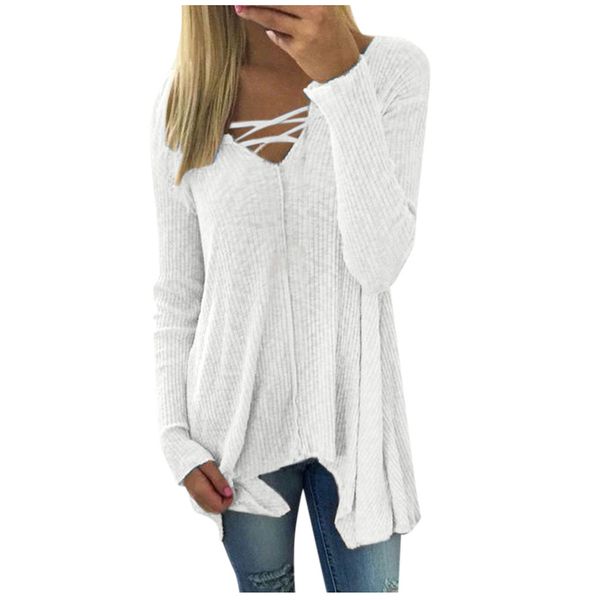 

long sleeve women shirts v neck solid knitted womens and blouses casual tee irregular shirts clothes plus size, White