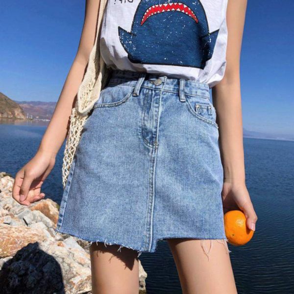 

denim skirt asymmetrical summer skirt high waist denim skirts elegant midi jeans skirts women streetwear saia jeans aq163, Black