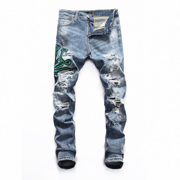 

2019 new fashion nightclub wash low waist feet european style mens designer jeans slim fit printed jeans biker denim pants size 28-38, Blue