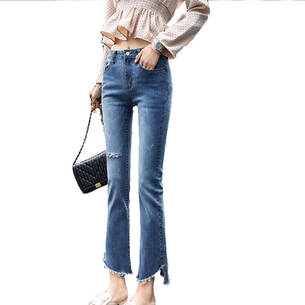 

chic vertical sense micro-flare jeans female spring and autumn 2019 new korean version of ulzzang cropped pants loose and thin, Blue