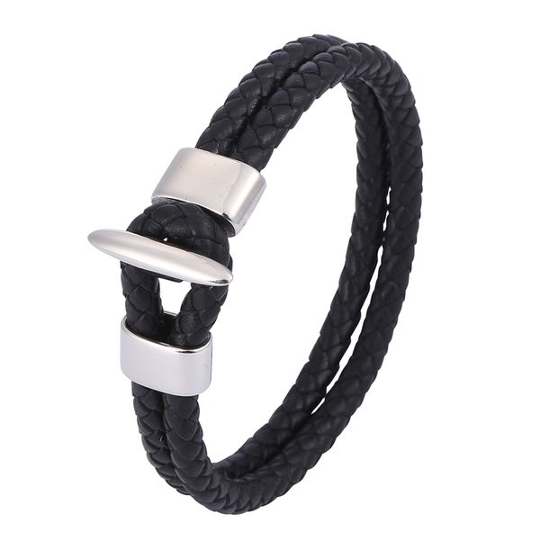 

men jewelry black red double braided leather bracelet stainless steel easy-hook metal buckle male leather wristband bb0592, Golden;silver