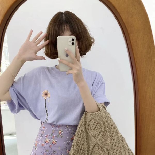 

couple's daisies t-shirt taro embroidery t-shirt embroidery purple rice dew cotton loose harajuku wind age-reducing short sleeves, White