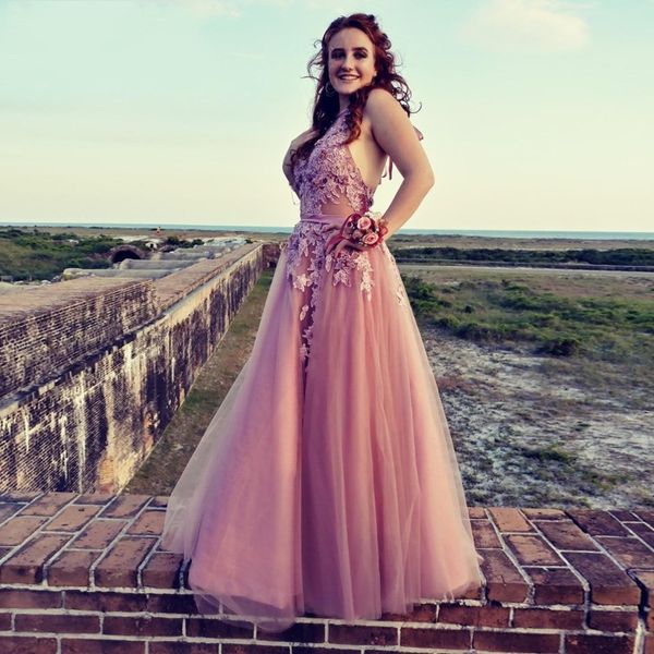 

blush pink prom dresses 2020 long appliques lace halter ruched tulle vestido de festa longo backless formal evening party gown, Black