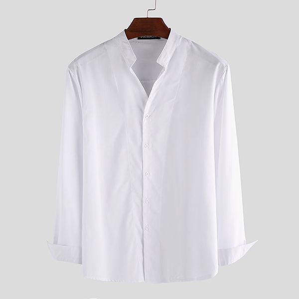 

men solid long sleeve stand collar dress shirt casual joker elegant button slim fitness mens blouse incerun brand streetwear, White;black