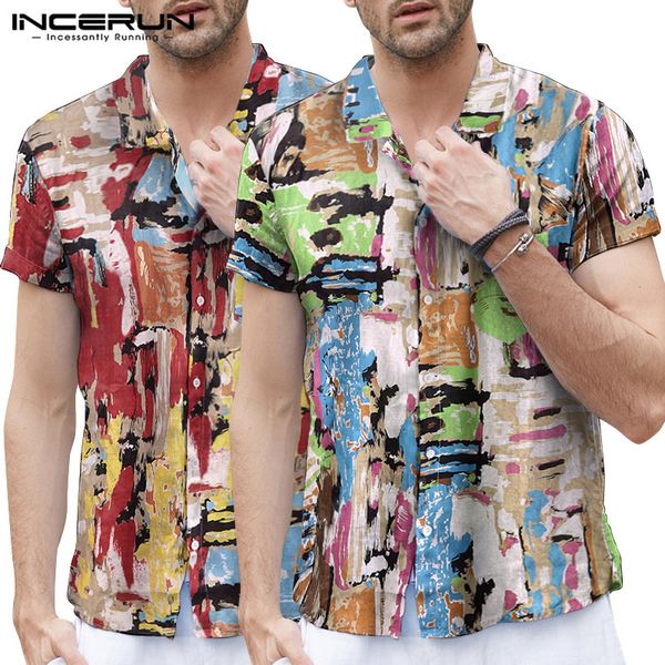

incerun summer graffiti printed men short sleeve lapel casual shirt fashion vacation beach hawaiian slim button mens blouse, White;black