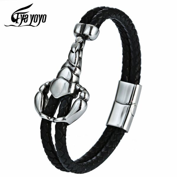 

eyeyoyo double layer black braided leather bracelet men lobster charm jewelry, Golden;silver