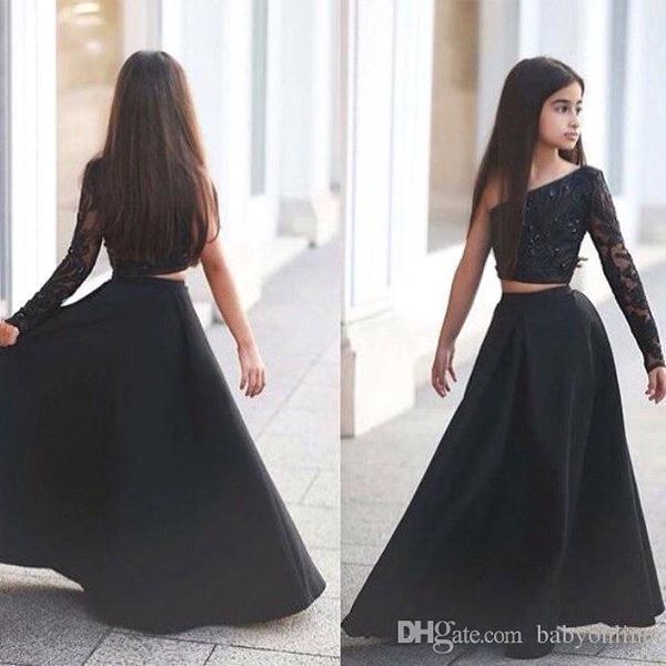 Árabe disse mhamad preto um ombro manga longa crianças vestidos de baile uma linha duas peças frisado flor meninas vestidos ba1435