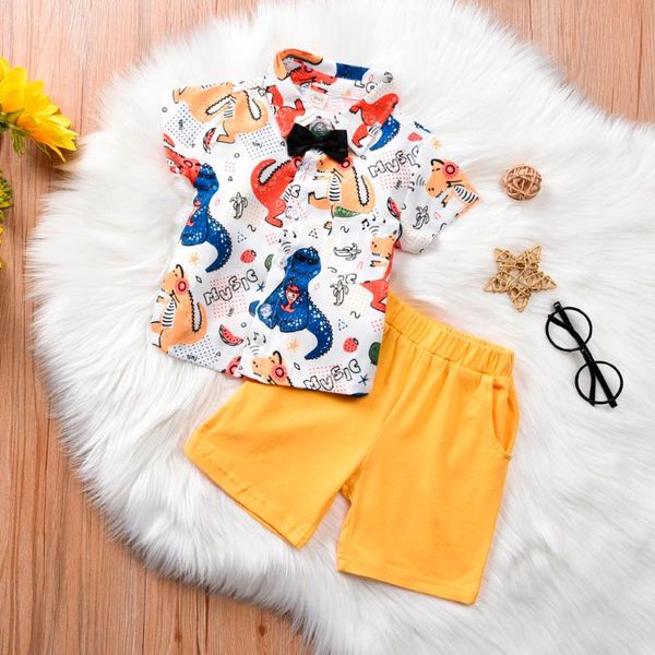 

dinosaur print gentleman set toddler kids baby boys summer cute shirt shorts outfits newborn boy conjunto infantil menino, White