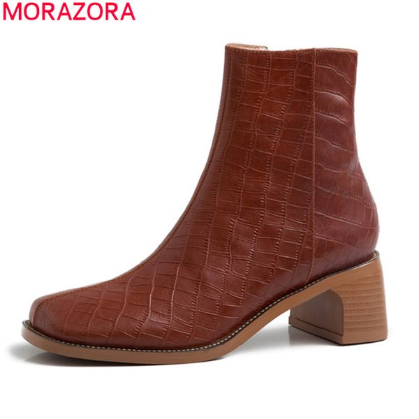 

morazora 2020 winter fashion women boots genuine leather classic ladies shoes med heels square toe ankle boots big size 33-41, Black