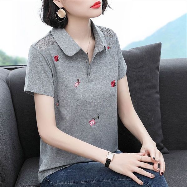 

summer 2020 95 cotton embroidered t- women's short sleeve loose polo shirt large size t-shirt embroidery embroidery fashion, White