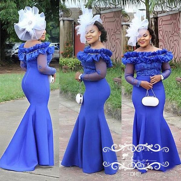 

new arrival ruffles boat neck royal blue plus size mermaid evening dresses sheer long sleeves elegant formal women pageant dress prom gowns, Black;red