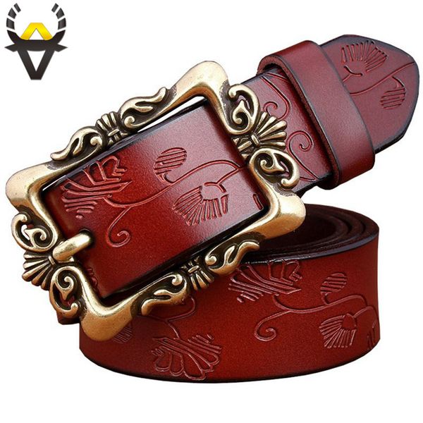 

genuine leather belts for women fashion wide vintage floral pin buckle second layer cow skin strap female for jeans y200501, Black;brown