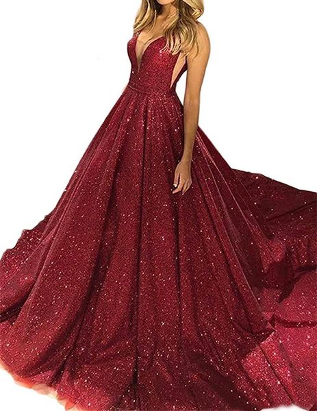 Frete Grátis Vermelho Lindo Rose Gold Lantejoulas Vestidos de Prom Vestidos V Neck Sparkling Lantejoulas A-Linha Backless Prom Festa Vestidos Robe de Soiree