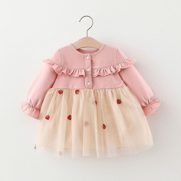 

2020 autumn baby girls long sleeve o neck ruffles strawberry patchwork mesh tutu dress kids toddler party clothes vestidos, Red;yellow
