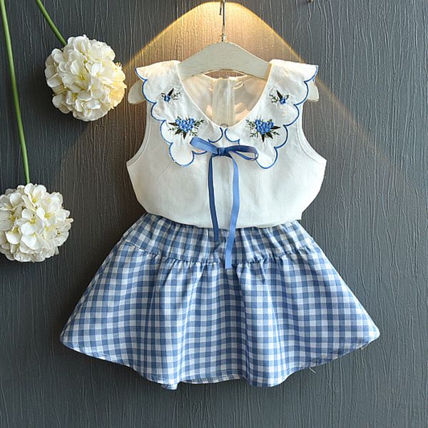 

2019new arrived baby girl summer clothing set emboridery floral sleeveless t-shirt+skirt 2 pcs fashion children outwear suit set, White