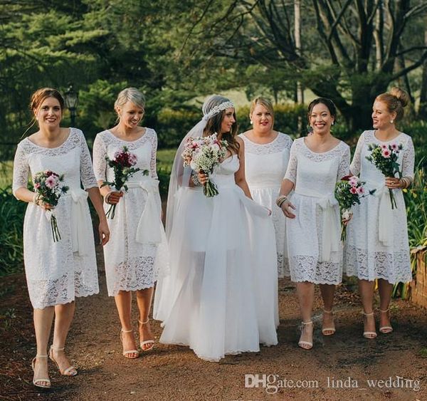 2019 Günstiges Brautjungfernkleid aus voller Spitze mit halben Ärmeln, Garden Country, formelle Hochzeit, Party, Gast, Trauzeugin, Übergröße, nach Maß