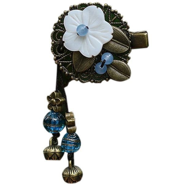 

shell flower hair claws hollow flower glass glazed beads ethnic hair jewelry vintage copper alloy flower hairpin, Golden;white