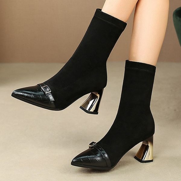 

mljuese 2020 women mid-calf boots cow leather slip on pointed toe winter short plush high heels women socks boots size 42, Black