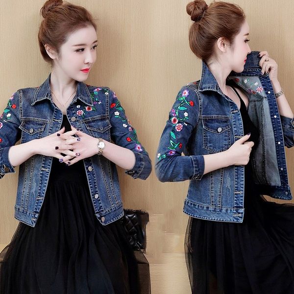

women floral embroidery short denim jacket elegant single breasted slim jeans coat spring basic denim jacket, Black;brown
