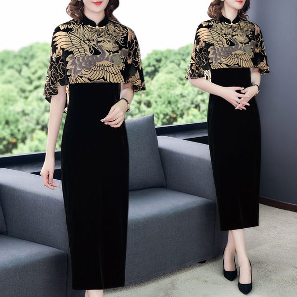 

party dresses chinese style clothing gold velvet print cloak vintage qipao dress women elegant plus size femme robe vestidos f2626, White;black