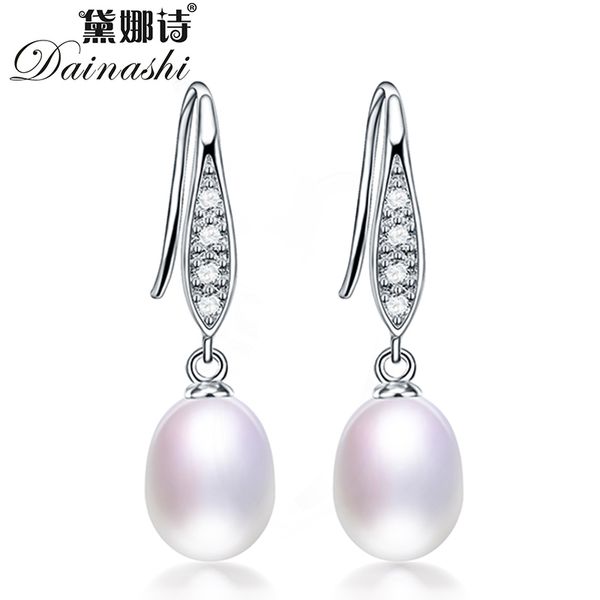 

dainashi 100% genuine freshwater cultured oval pearl earrings 925 sterling silver zircon drop earrings for women, Golden;silver