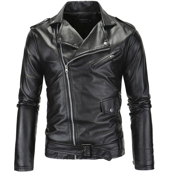 

aowofs 2018 men locomotive slim fit leather coat stand collar tailor oblique zipper leather coat jacket xp09, Black