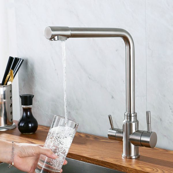 

Double Handles Hot & Cold Drinking Water Kitchen Faucet Stainless Steel Round Solid Sink Deck Mount Mixer Water 3 Ways Tap