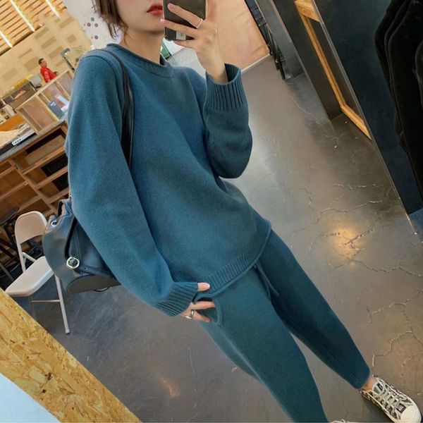 

winter sweater set women o-neck jumpers & pencil pant 2020 female knitted 2 pieces set casual solid sweater tracksuit, White