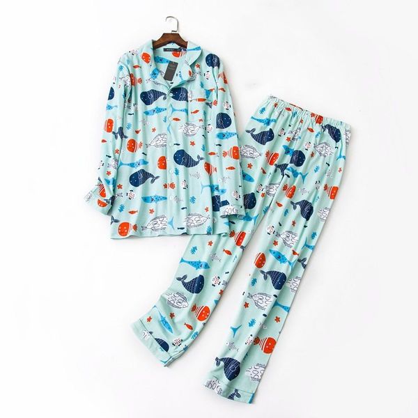 

2019 spring women casual cartoon soft pajama sets female 100% brushed cotton sleepwear suit women turn-down collar shirt & pants, Blue;gray