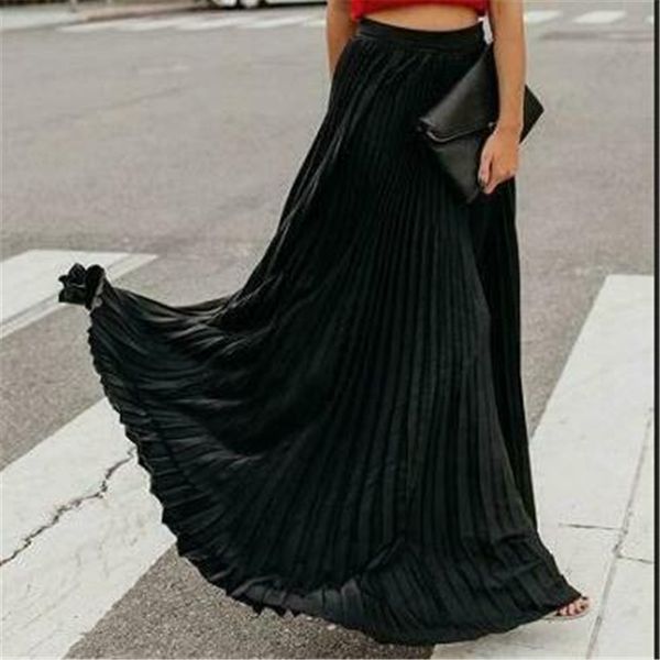 

women girls skater skirt pleated flared a line circle elastic stretch waist chiffon skater pleated long skirt, Black
