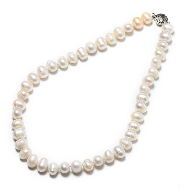 

11-12 mm plump freshwater natural pearl necklace with natural white and elliptical customized beads, Silver