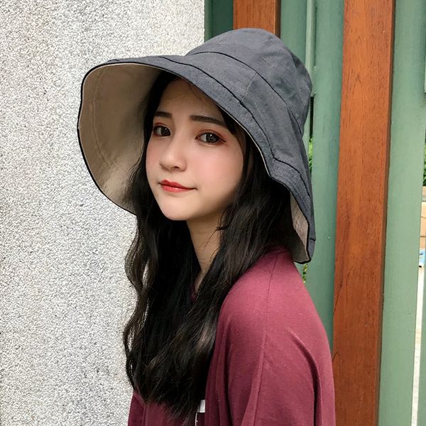 

cotton summer sun hat for women bucket uv upf chapeu feminino praia chapeau femme packable fashion elegant ad344, Blue;gray