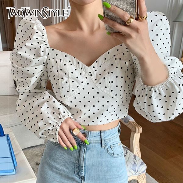 

twotwinstyle polka dot v neck casual women's blouse puff sleeve backless short female shirt spring fashion new 2019, White