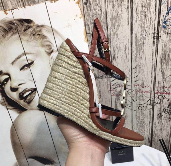 

2020 platform straw wedge letter style sandals shoes women's patent leather sandals designer casual shoes high heels dress shoes with b, Black
