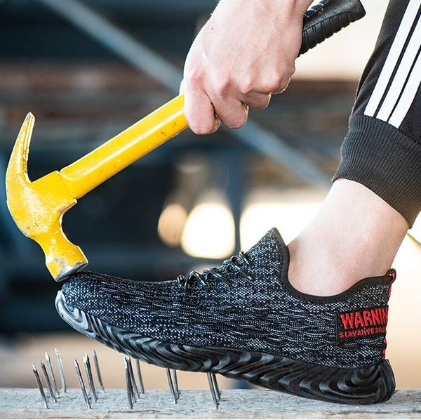 

new men's safety shoes 2019 outdoor breathable women steel toe cap anti-slip rubber steel puncture proof work sneaker boots, Black