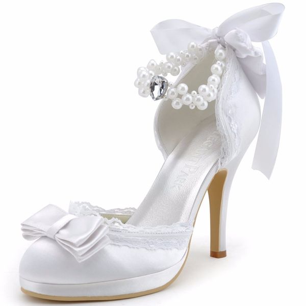 Woman Wedding Shoes Ivory White Closed Toe High Heel Ankle Strap