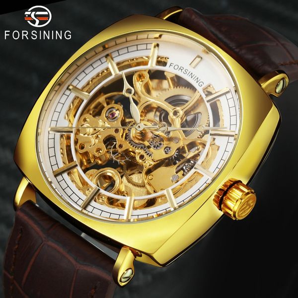 

forsining vintage golden automatic mechanical watch men skeleton carved dial leather strap mens watches gift, Slivery;brown