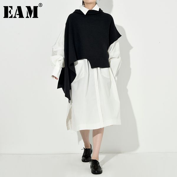 

eam] women knitting asymmetrical two piece dress new high collar long sleeve loose fit fashion spring autumn 2019 1h20401, Black;gray