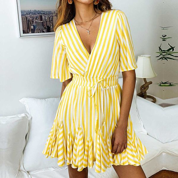 

2019 new summer striped dress women sweet fashion v-neck pleated dress trend cotton print office lady, Black;gray