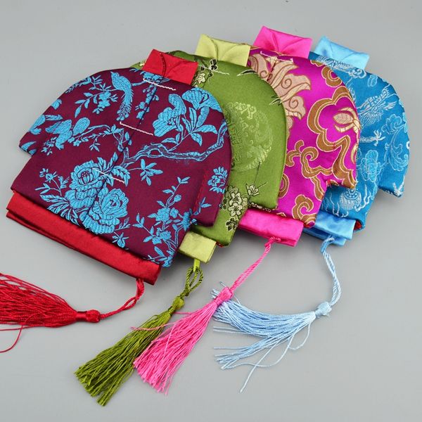 Sevimli Püskül Retro Çin İpek Brocade Çanta Kadınlar Küçük Madeni Para Çanta Düğün Bags Noel Hediyesi Zip Çanta Takı Ambalaj 10pcs Yana
