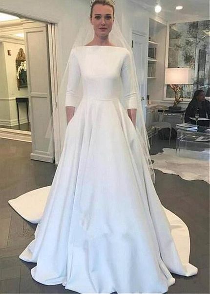 

modest satin bateau neckline a-line long sleeve wedding dress with pockets muslim custom made bridal gowns with buttons for women, White