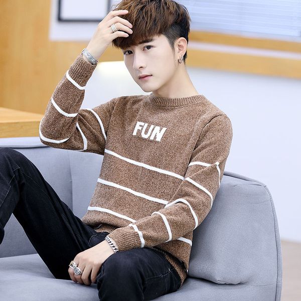 

spring and autumn men's round neck sweater men's korean slim student bottoming knitted shirt plus velvet thickening, White;black