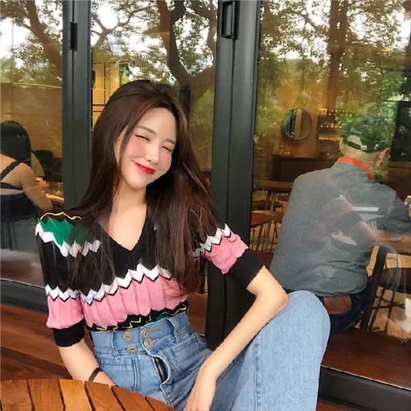 

summer 2020 women's contrast color striped hollow v-neck short-sleeved ice silk sweater t-shirt summer 2020 women's contrast color, White