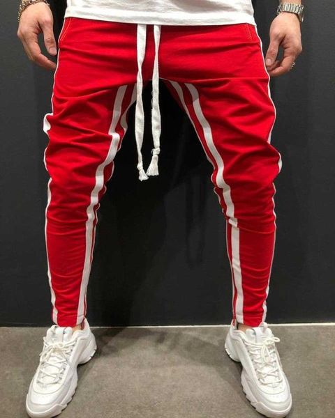 

spring and autumn new slim casual sports pants pull strips patchwork men's trend zipper drawstring pants, Black